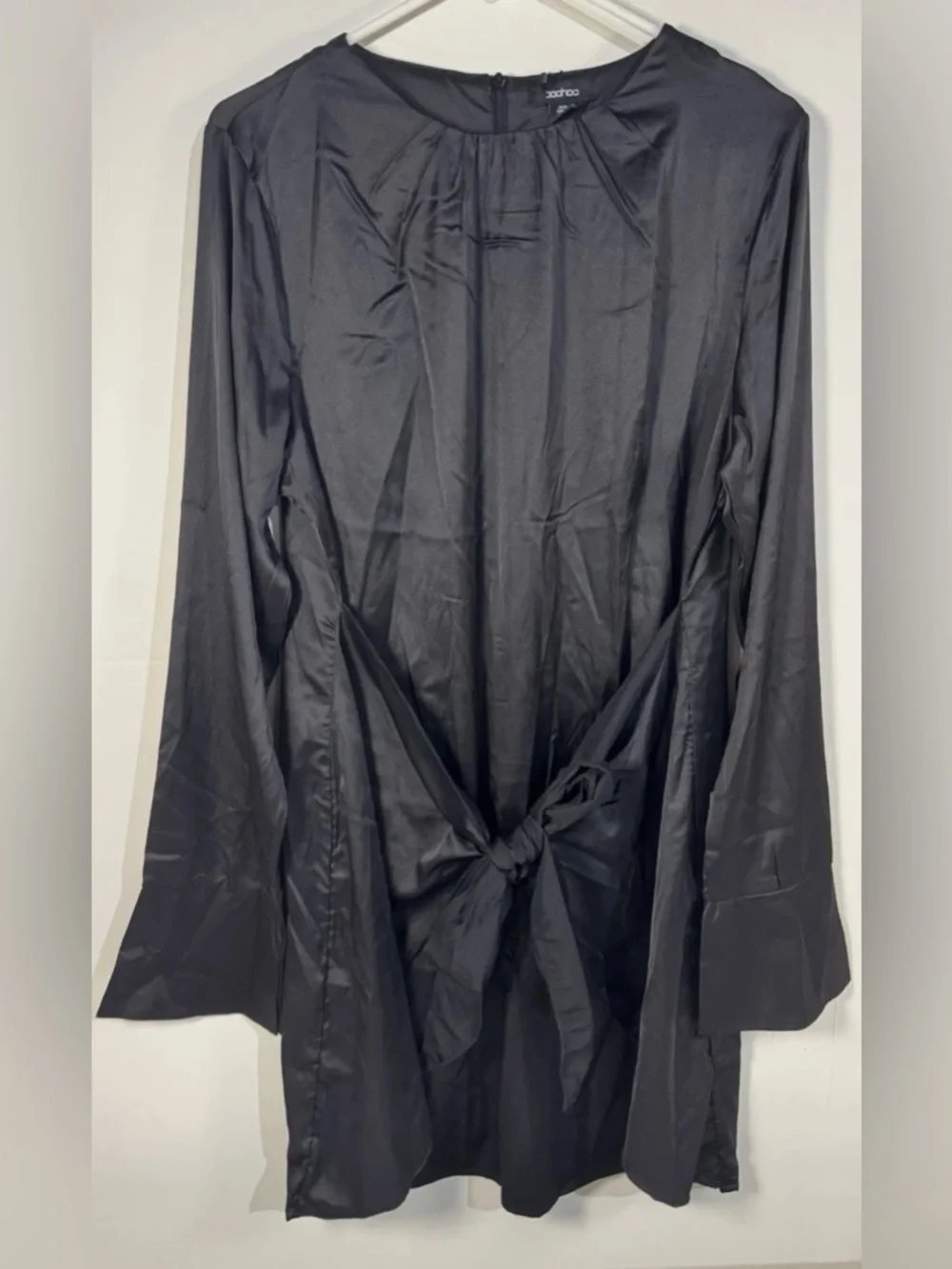 Boohoo Black Satin-Look Dress with Front Tie long sleeve lbd new womens 12‎ new